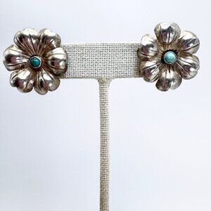 Sterling Silver 925 Turquoise Puffed Flower Screw Back Earrings Size 1" Length